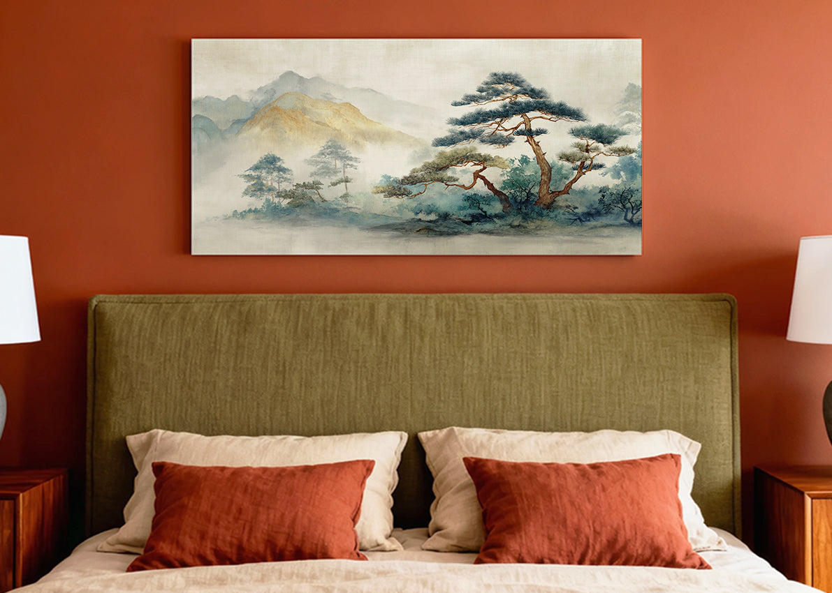Zen Mountain Pine Landscape Canvas Wall Art – Single & 3 Panel Split – AI PRINT LAB