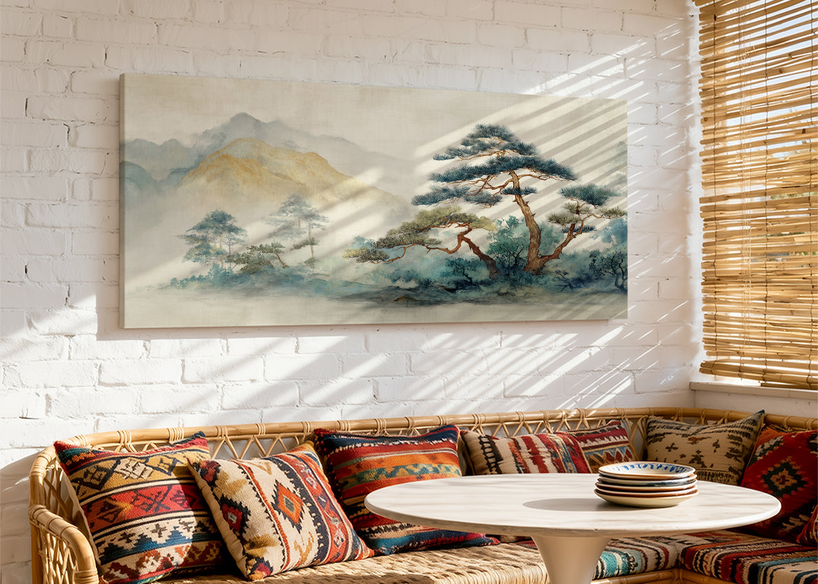 Zen Mountain Pine Landscape Canvas Wall Art – Single & 3 Panel Split – AI PRINT LAB