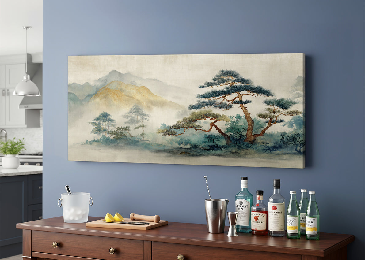 Zen Mountain Pine Landscape Canvas Wall Art – Single & 3 Panel Split – AI PRINT LAB