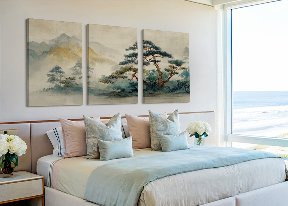 Zen Mountain Pine Landscape Canvas Wall Art – Single & 3 Panel Split – AI PRINT LAB
