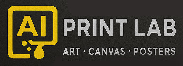 AI Print Lab logo in yellow and silver on a black background