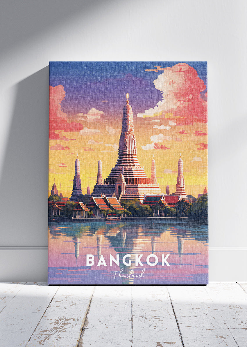 Bangkok Thailand Poster & Canvas Print – Vintage Wat Arun Sunset Travel Art
