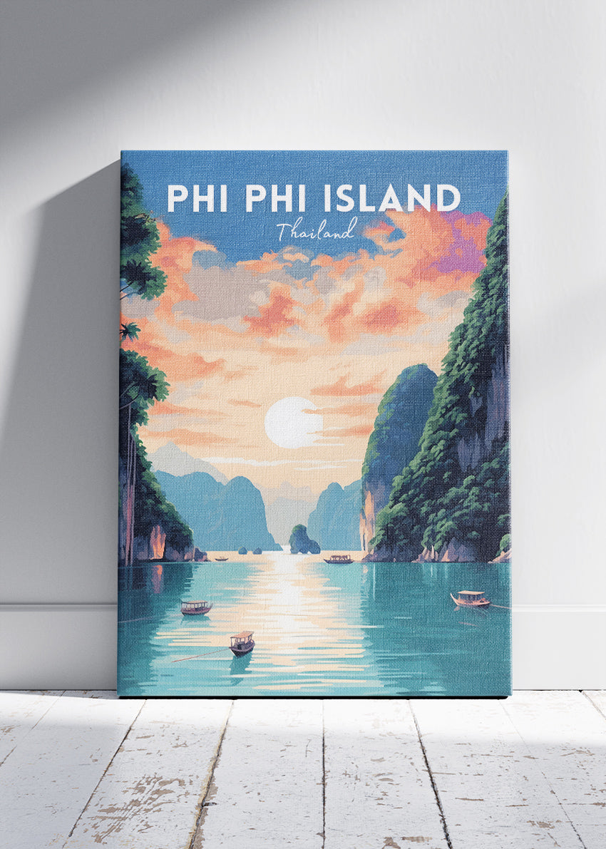 Phi Phi Island Thailand Poster & Canvas Print – Vintage Tropical Sunset Travel Art
