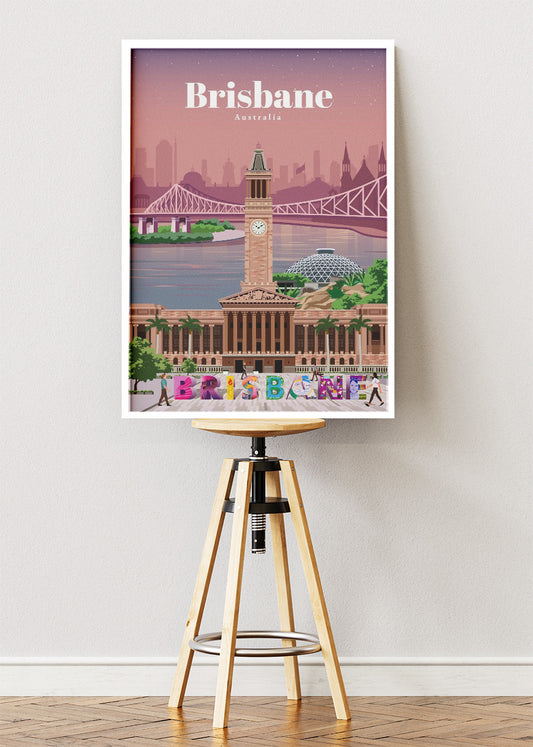 Brisbane Australia Travel Poster & Canvas Wall Art – City Hall & Story Bridge Illustration Print