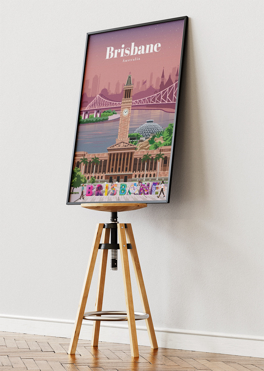 Brisbane Australia Travel Poster & Canvas Wall Art – City Hall & Story Bridge Illustration Print