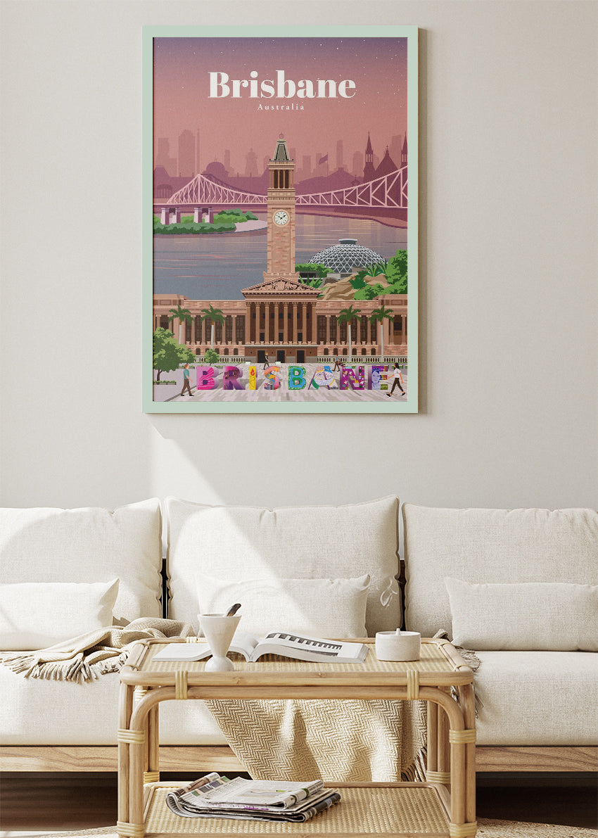 Brisbane Australia Travel Poster & Canvas Wall Art – City Hall & Story Bridge Illustration Print