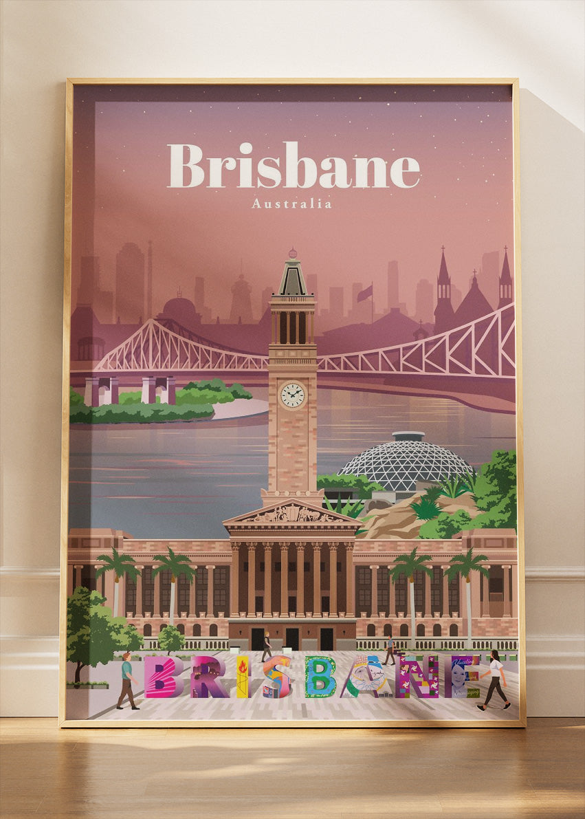 Brisbane Australia Travel Poster & Canvas Wall Art – City Hall & Story Bridge Illustration Print
